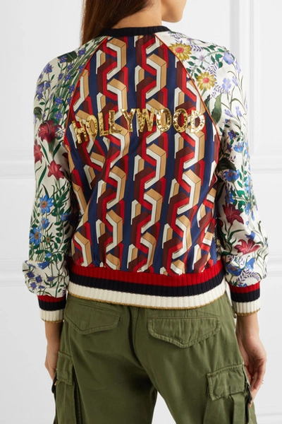 Shop Gucci Appliquéd Printed Silk-twill Bomber Jacket In Red