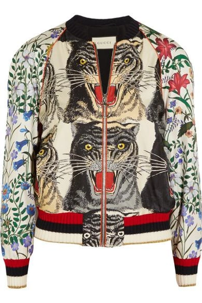 Shop Gucci Appliquéd Printed Silk-twill Bomber Jacket In Red