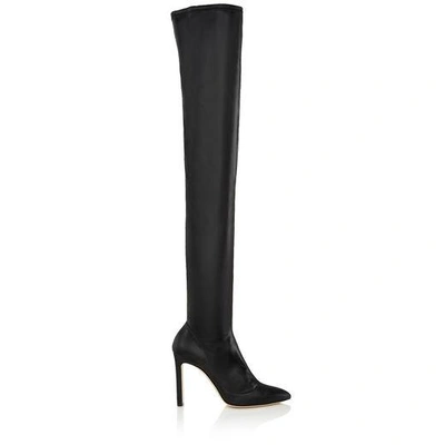Shop Jimmy Choo Lorraine 100 Black Stretch Glossy Techno Fabric Pointy Toe Over The Knee Boots