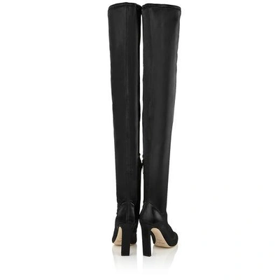 Shop Jimmy Choo Lorraine 100 Black Stretch Glossy Techno Fabric Pointy Toe Over The Knee Boots
