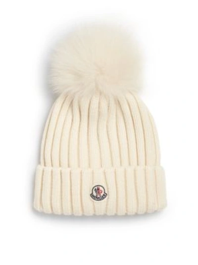 Shop Moncler Fur Pom-pom Ribbed Wool Hat In Ivory