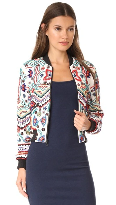 Shop Alice And Olivia Lonnie Embroidered Cropped Bomber Jacket In Cream/multi