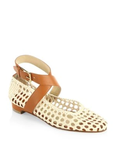 Paul Andrew Dagmar Woven Leather Ankle-wrap Flats In Cream