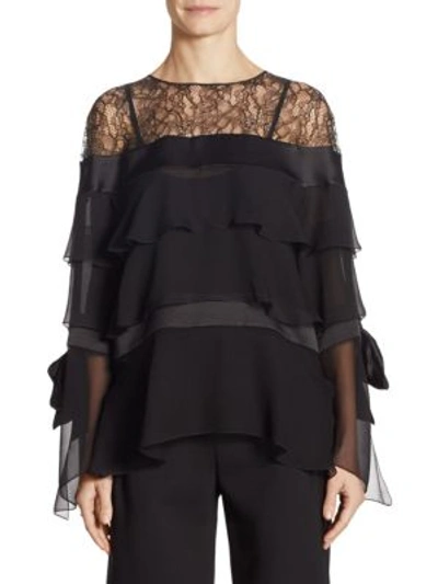 Shop Alberta Ferretti Tiered Lace Silk Blouse In Black