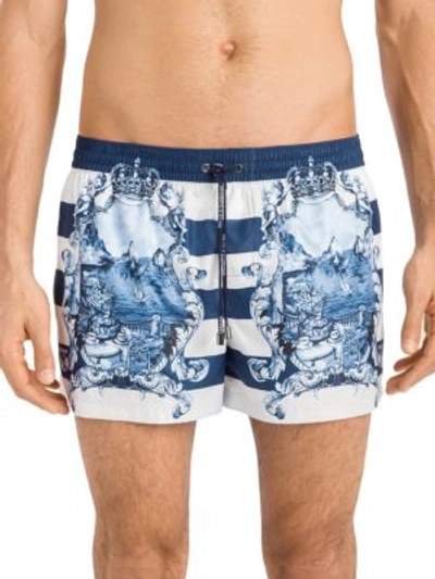 Dolce & Gabbana Majolica And Striped-print Swim Shorts In Blue