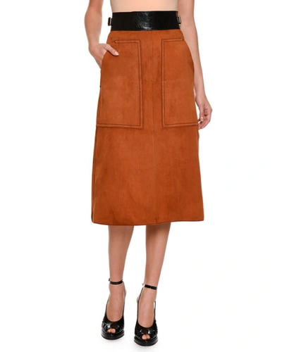 Bottega Veneta Suede A-line Skirt W/patent Waist, Luggage