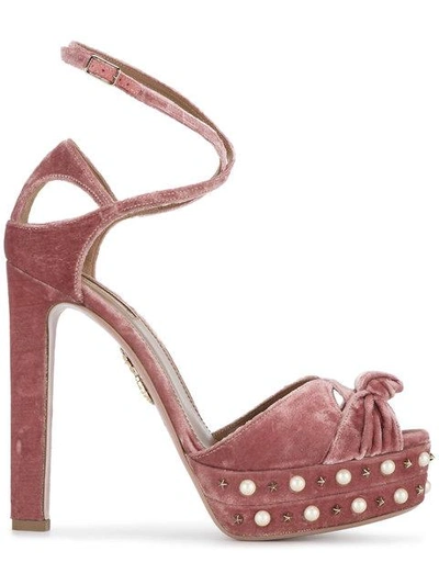 Shop Aquazzura Pink Harlow 140 Velvet Platform Sandals