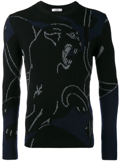Valentino Panther Intarsia Ribbed-knit Wool Sweater In Black