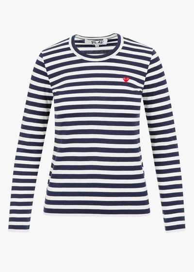 Comme Des Garçons Play Small Red Heart Striped Ls T-shirt In Navy/white