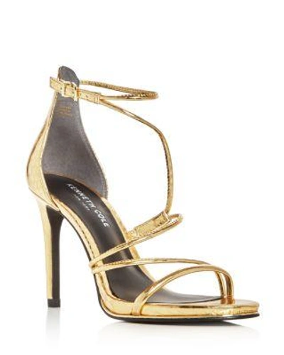 Kenneth Cole Bryanna Metallic Embossed Strappy High-heel Sandals In Gold