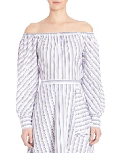 Shop Elle Sasson Leandrea Cotton Off-the-shoulder Blouse In Blue Stripe