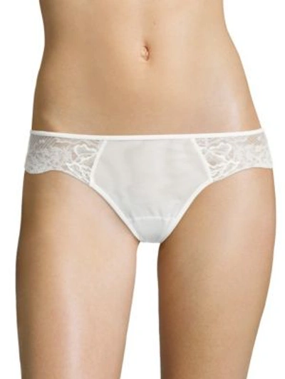 Shop La Perla Lace-trimmed Sheer Thong In Off White