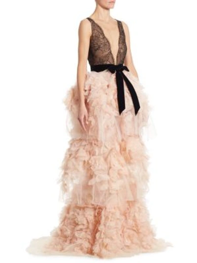 Marchesa Silk Chantilly Lace Gown In Blush