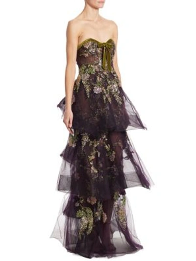 Marchesa Tiered Embellished Gown In Amethyst