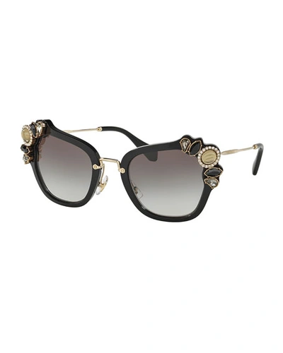 Miu Miu Gradient Embellished Square Sunglasses, Black