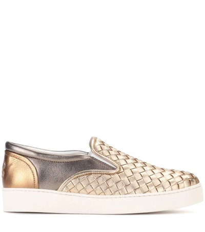 Shop Bottega Veneta Intrecciato Leather Slip-on Sneakers In Gold