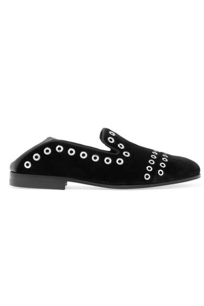 Shop Alexander Mcqueen Leather-trimmed Eyelet-embellished Velvet Loafers In Black