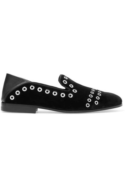Shop Alexander Mcqueen Leather-trimmed Eyelet-embellished Velvet Loafers In Black