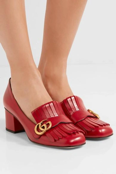 Shop Gucci Marmont Fringed Logo-embellished Leather Pumps In Red