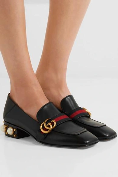 Shop Gucci Marmont Logo And Faux Pearl-embellished Leather Collapsible-heel Pumps In Black