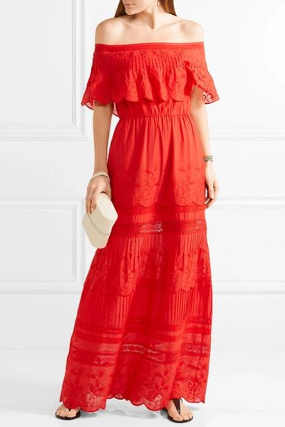 Shop Alice And Olivia Pansy Off-the-shoulder Embroidered Cotton Maxi Dress In Red