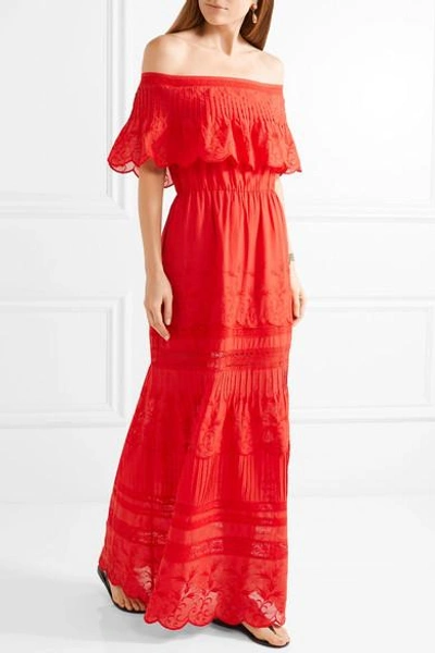 Shop Alice And Olivia Pansy Off-the-shoulder Embroidered Cotton Maxi Dress In Red