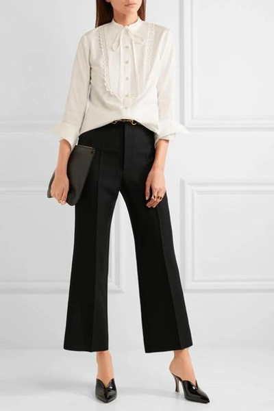 Shop Temperley London Fountain Lace-trimmed Pintucked Cotton-poplin Blouse