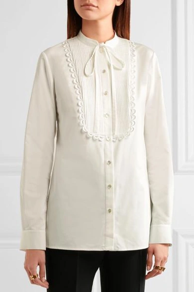 Shop Temperley London Fountain Lace-trimmed Pintucked Cotton-poplin Blouse