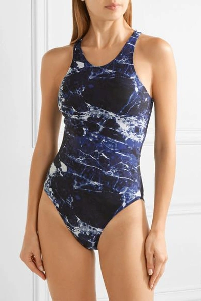 Shop Norma Kamali Racer Mio Printed Swimsuit In Royal Blue