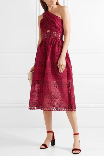 Shop Self-portrait One-shoulder Cutout Cotton-blend Guipure Lace Midi Dress