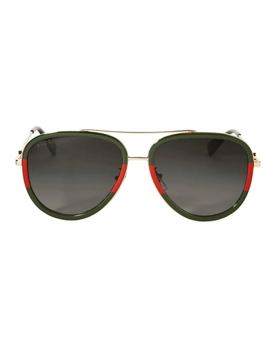 Gucci Gradient Web Aviator Sunglasses W/ Leather Trim, Gold/green/red