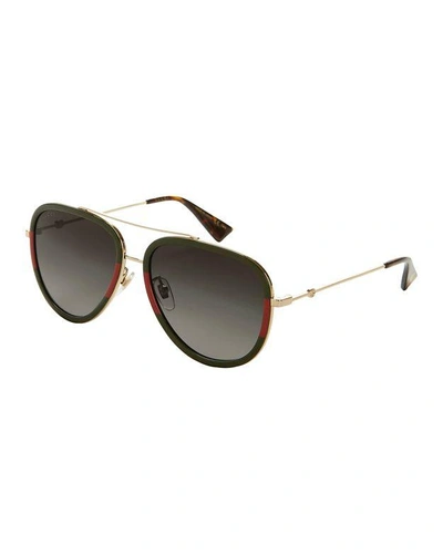 Shop Gucci Colorblock Aviator Sunglasses In Green/red/gold