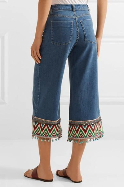 Shop Alice And Olivia Beta Cropped Embroidered High-rise Wide-leg Jeans In Blue