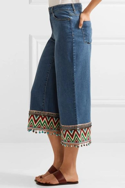 Shop Alice And Olivia Beta Cropped Embroidered High-rise Wide-leg Jeans In Blue