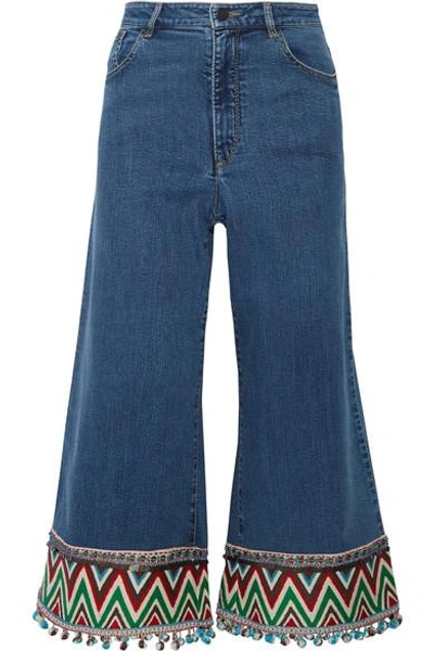 Shop Alice And Olivia Beta Cropped Embroidered High-rise Wide-leg Jeans In Blue