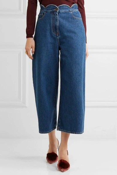 Shop Valentino Cropped Scalloped High-rise Wide-leg Jeans