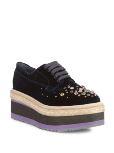 Shop Prada Studded Velvet Microsole Creepers In Navy