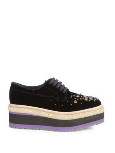 Shop Prada Studded Velvet Microsole Creepers In Navy