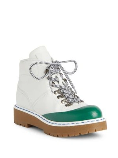 Prada Leather Cap Toe Hiking Boots In White Green