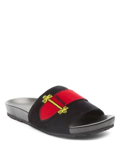 Shop Prada Velvet Buckle Slides In Nero