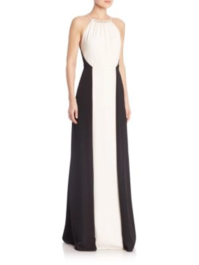 Shop Halston Heritage Shirred Neck Colorblocked Gown In Chalk Black