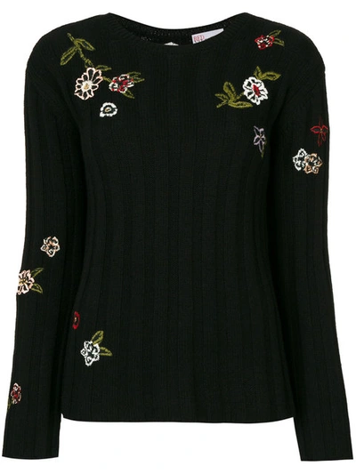 Red Valentino Embroidered Ribbed-knit Sweater In Black