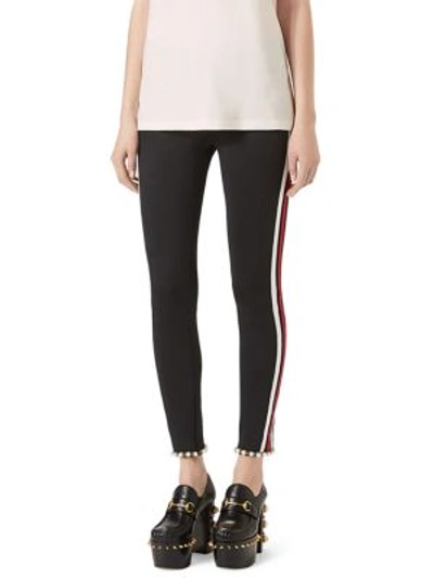 Shop Gucci Faux Pearl-trim Striped Tech Jersey Leggings In Black-white Stripe