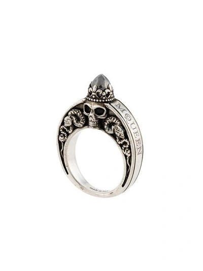 Shop Alexander Mcqueen Engraved Skull Ring In Metallic