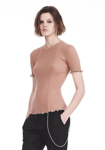 Shop Alexander Wang Ribbed Tee With Ruffled Ball Chain Hems In Peach