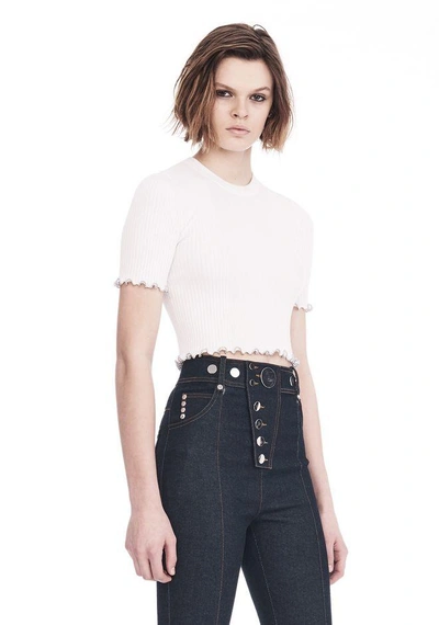 Shop Alexander Wang Ribbed Cropped Tee With Ruffled Ball Chain Hems In White