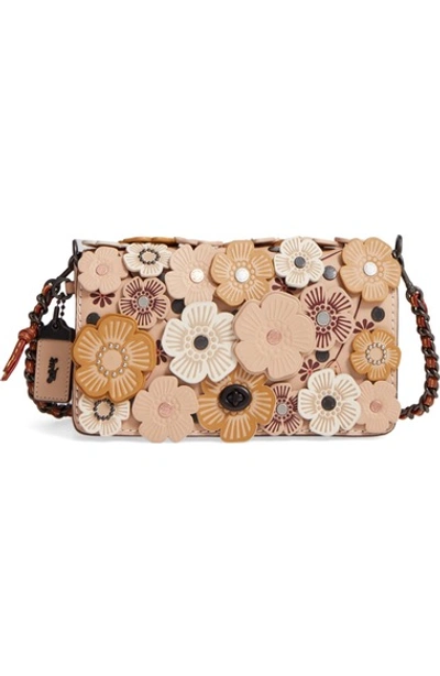 Coach 'dinky' Flower Appliqué Leather Crossbody Bag In Beechwood