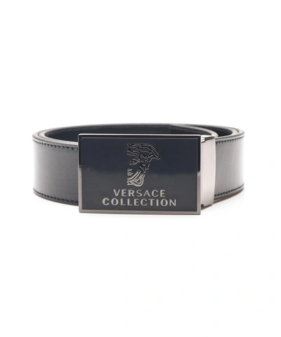 Versace Collection Men's Adjustable Medusa Stainless Steel Buckle Leather Belt Black