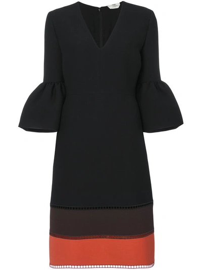 Fendi V-neck Bell-sleeve Ladder-stitch Dress, Black Pattern