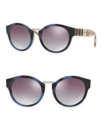 Burberry 50mm Check & Camo-detail Round Mirrored Sunglasses In Blue Horn